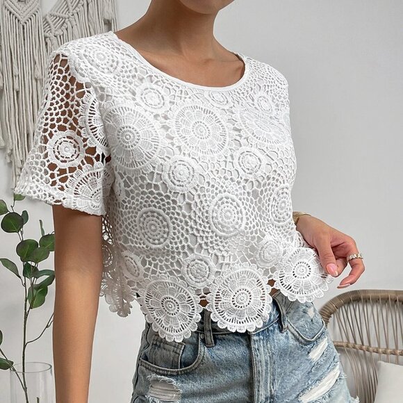 White vacay Womens Guipure Lace Insert Blouse - Picture 1 of 5